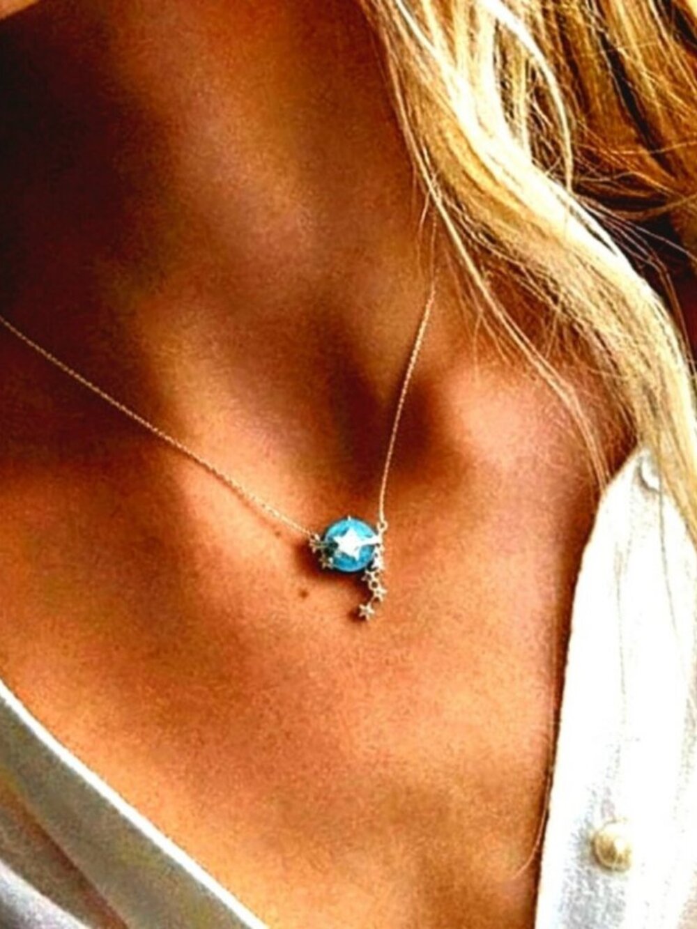 Aqua Blue Opal with Stars Necklace 925 Sterling Silver Rhodium Plated